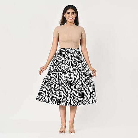 TAMSY 100% Viscose Zebra Pattern Skirt with Elastic Waist (Size XXL) - Off White - Navy