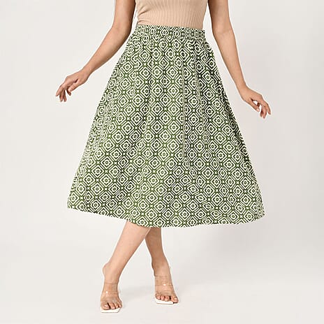 TAMSY 100% Viscose Geometric Pattern Skirt with Elastic Waist (Size S 8 - 10) - Green