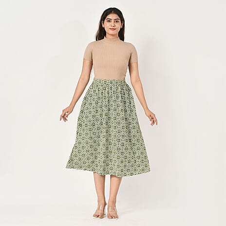 TAMSY 100% Viscose Geometric Pattern Skirt with Elastic Waist (Size XXL) - Green