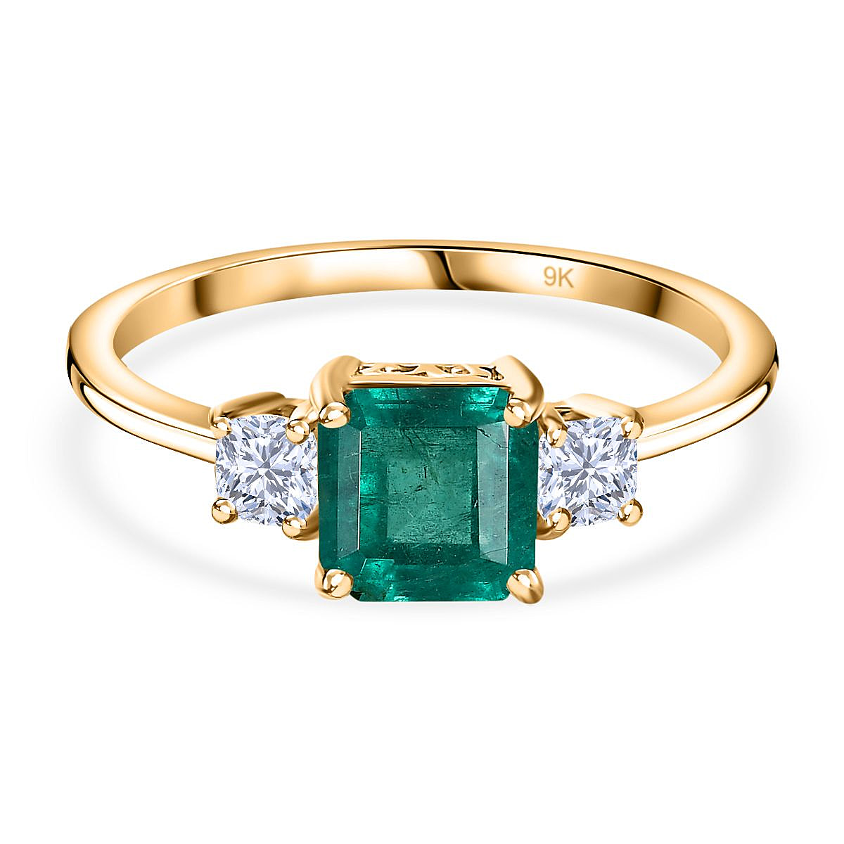 Super Find - AAA Gemfields Emerald (Asscher Cut) and Moissanite Ring in 9K Yellow Gold 1.38 Ct