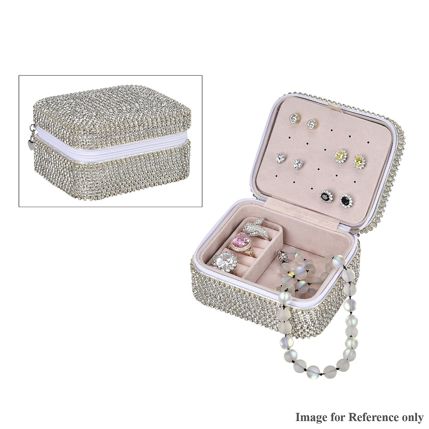 Sparkling Crystal Studded Sequin Patterned Velvet Jewellery Box (Size 12x10x6 cm) - Silver