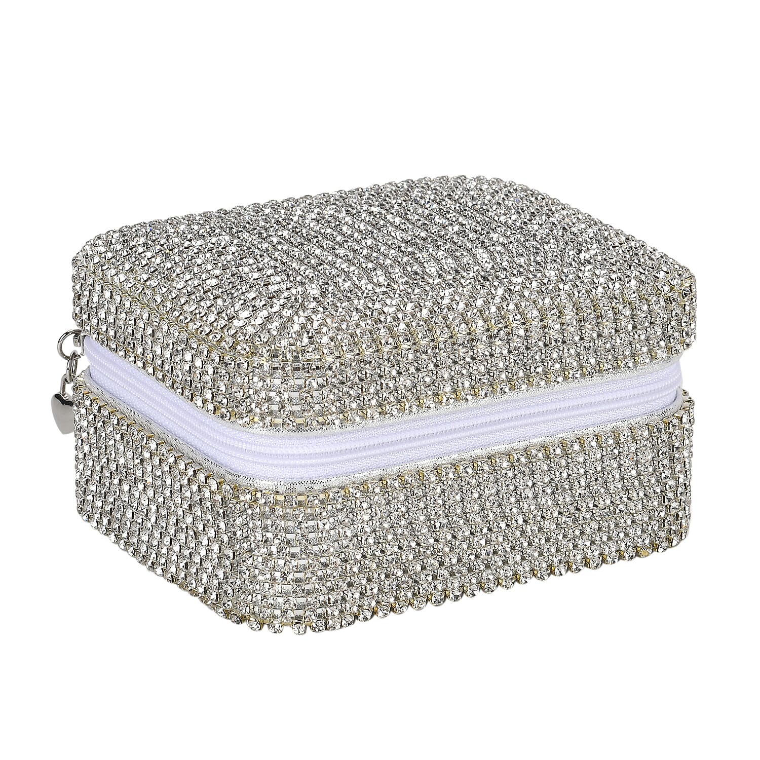 Sparkling Crystal Studded Sequin Patterned Velvet Jewellery Box (Size 12x10x6 cm) - Silver