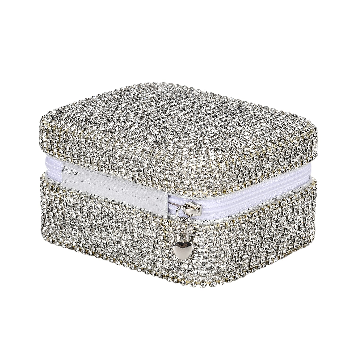 Sparkling Crystal Studded Sequin Patterned Velvet Jewellery Box (Size 12x10x6 cm) - Silver