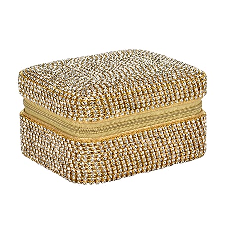 Sparkling Crystal Studded Sequin Patterned Velvet Jewellery Box (Size 12x10x6 cm) - Gold