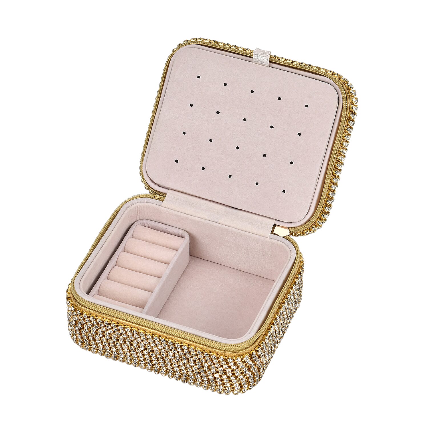 Sparkling Crystal Studded Sequin Patterned Velvet Jewellery Box (Size 12x10x6 cm) - Gold Sparkling Crystal Studded Sequin Patterned Velvet Jewellery Box (Size 12x10x6 cm) - Gold