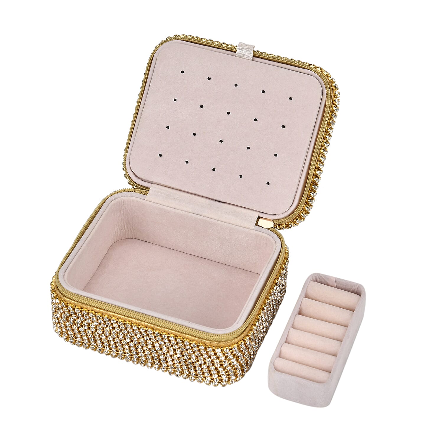 Sparkling Crystal Studded Sequin Patterned Velvet Jewellery Box (Size 12x10x6 cm) - Gold Sparkling Crystal Studded Sequin Patterned Velvet Jewellery Box (Size 12x10x6 cm) - Gold