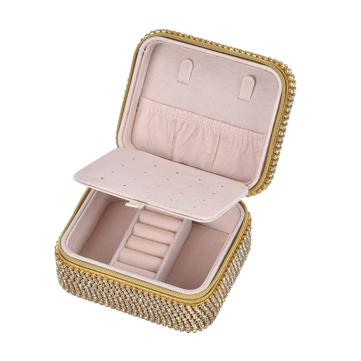 Sparkling Crystal Studded Sequin Patterned Velvet Jewellery Box (Size 12x10x6 cm) - Gold Sparkling Crystal Studded Sequin Patterned Velvet Jewellery Box (Size 12x10x6 cm) - Gold