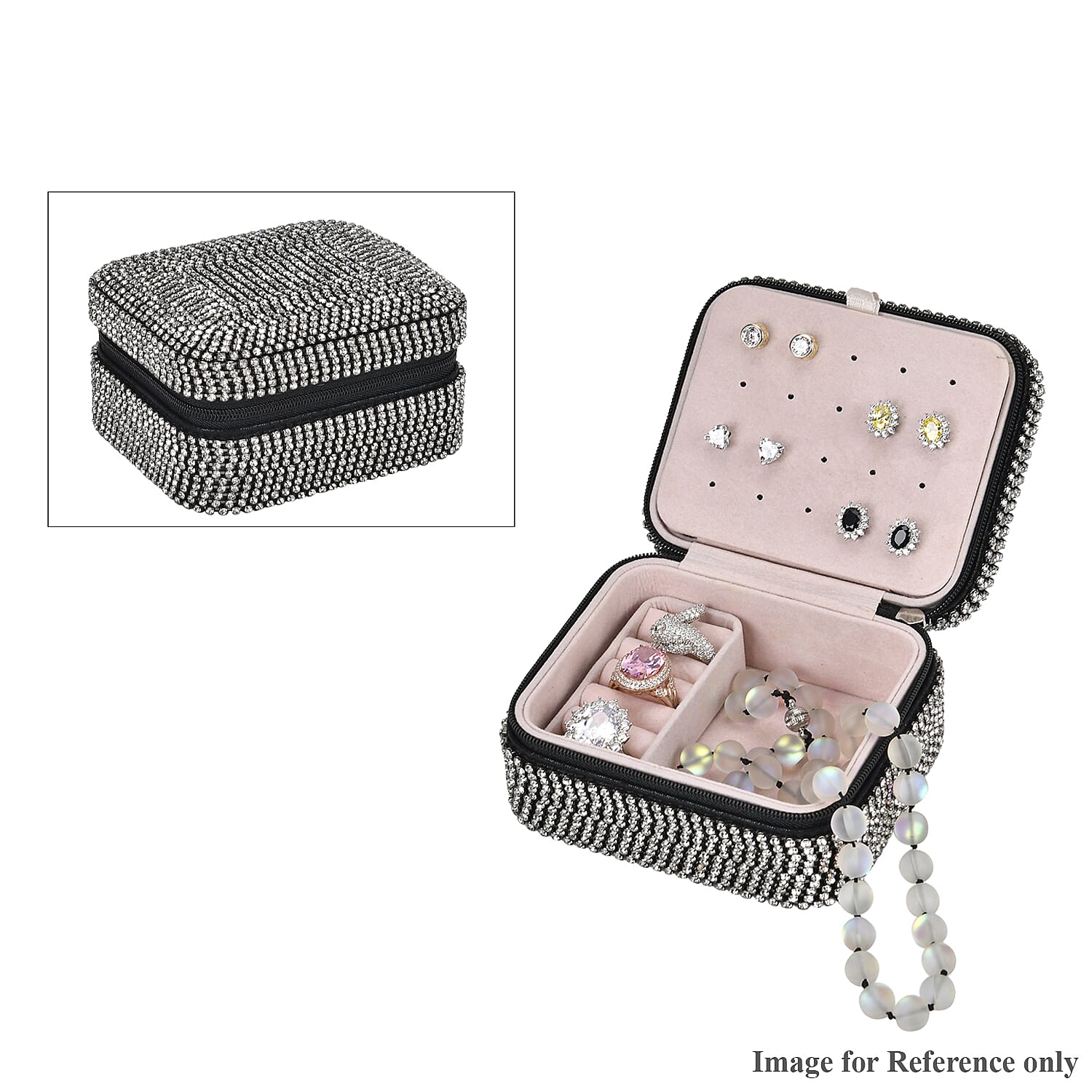 Sparkling Crystal Studded Sequin Patterned Velvet Jewellery Box (Size 12x10x6 cm) - Black & Silver