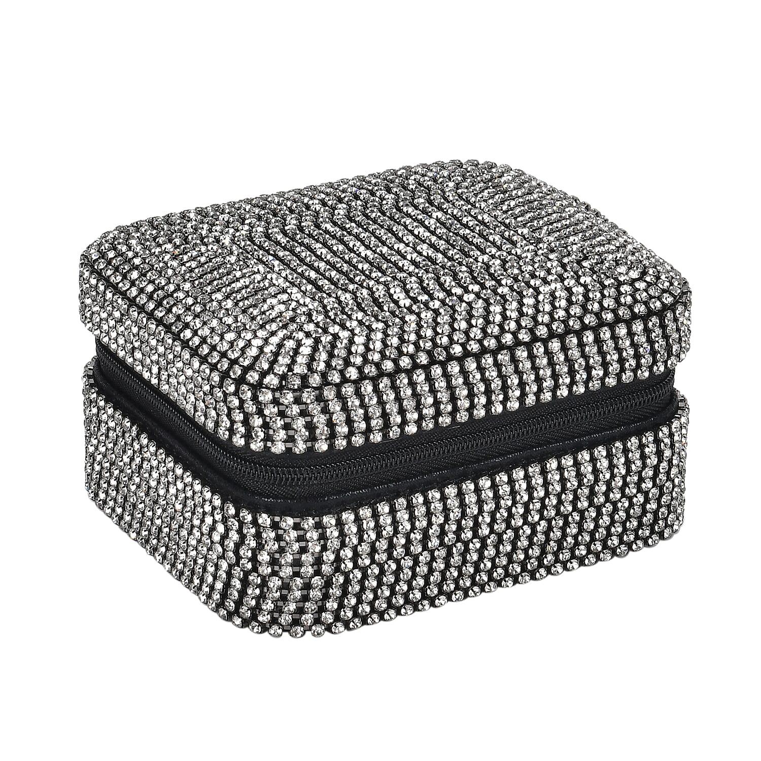 Sparkling Crystal Studded Sequin Patterned Velvet Jewellery Box (Size 12x10x6 cm) - Black & Silver