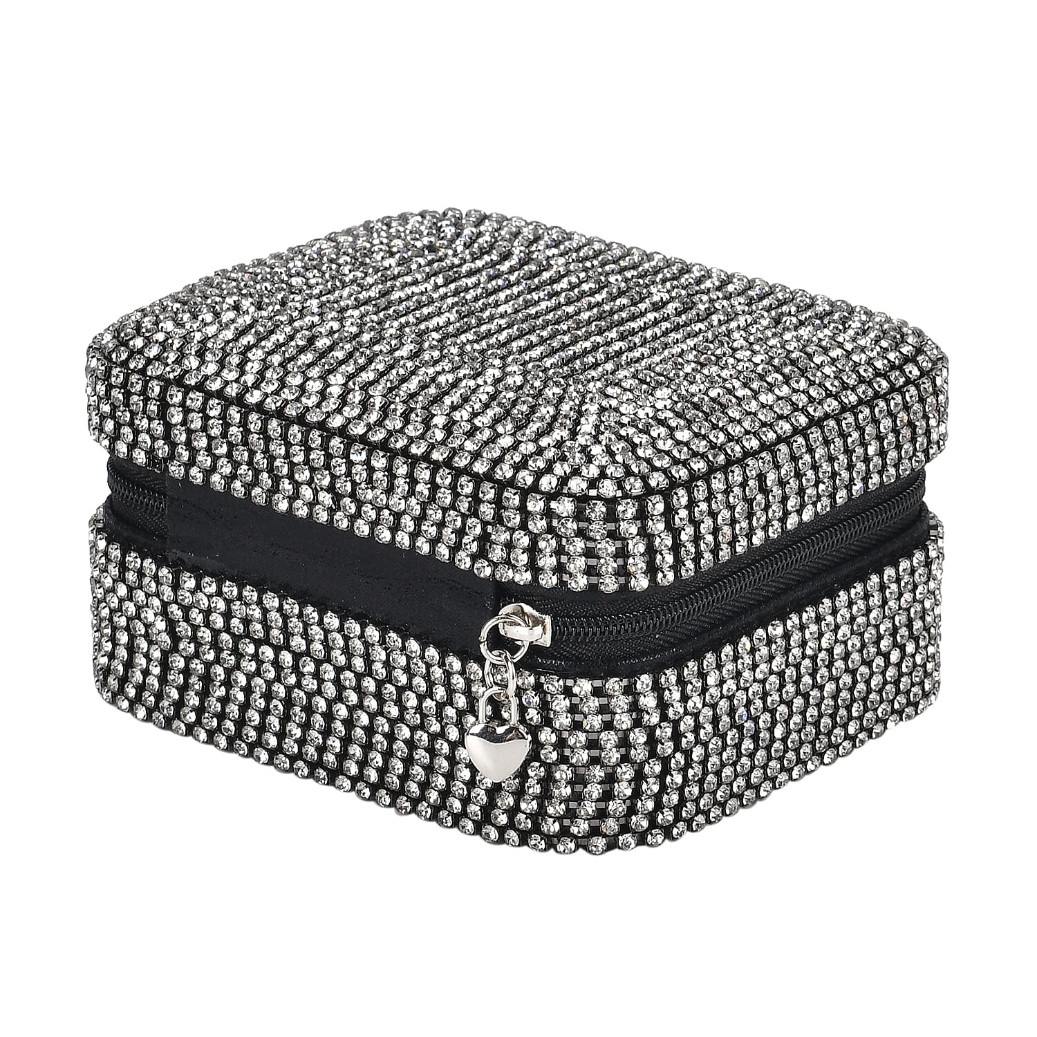 Sparkling Crystal Studded Sequin Patterned Velvet Jewellery Box (Size 12x10x6 cm) - Black & Silver