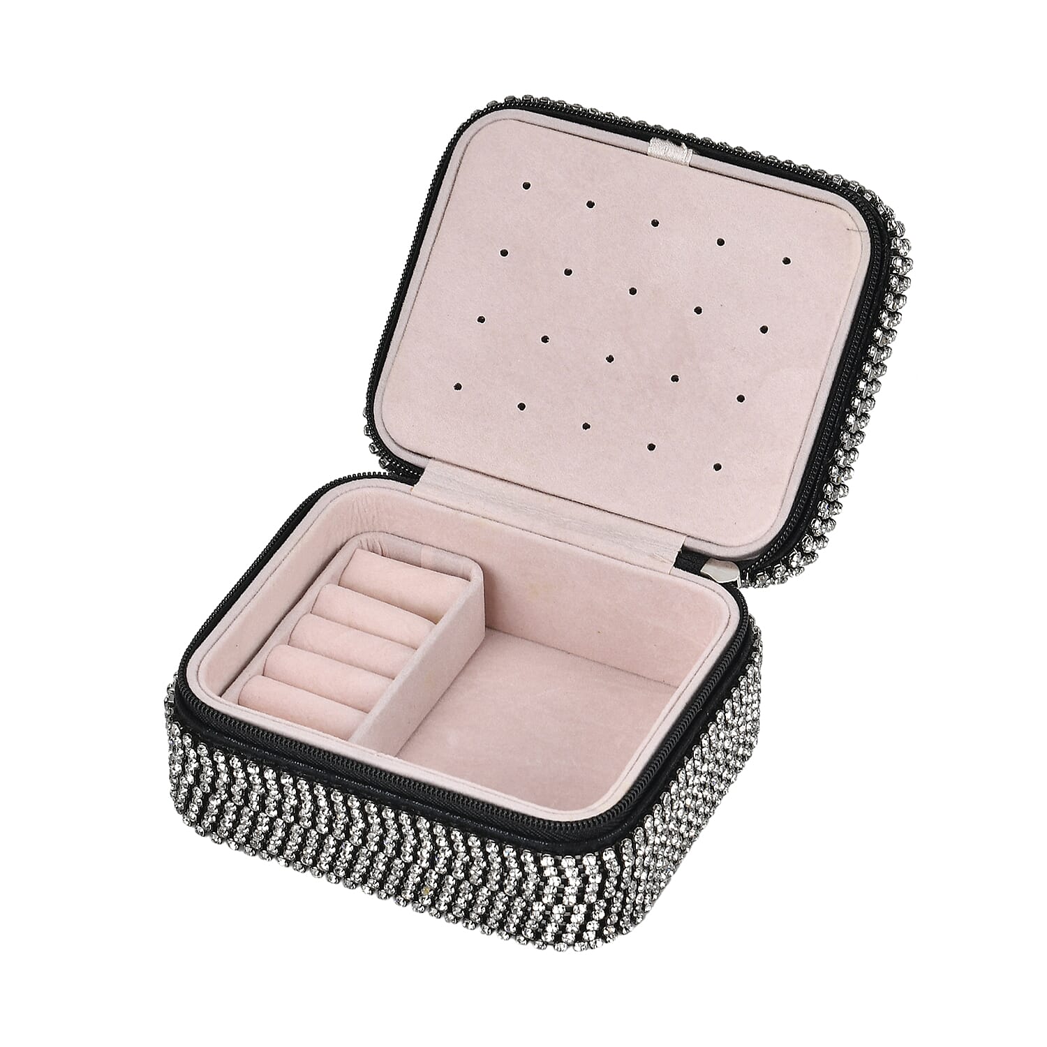 Sparkling Crystal Studded Sequin Patterned Velvet Jewellery Box (Size 12x10x6 cm) - Black & Silver