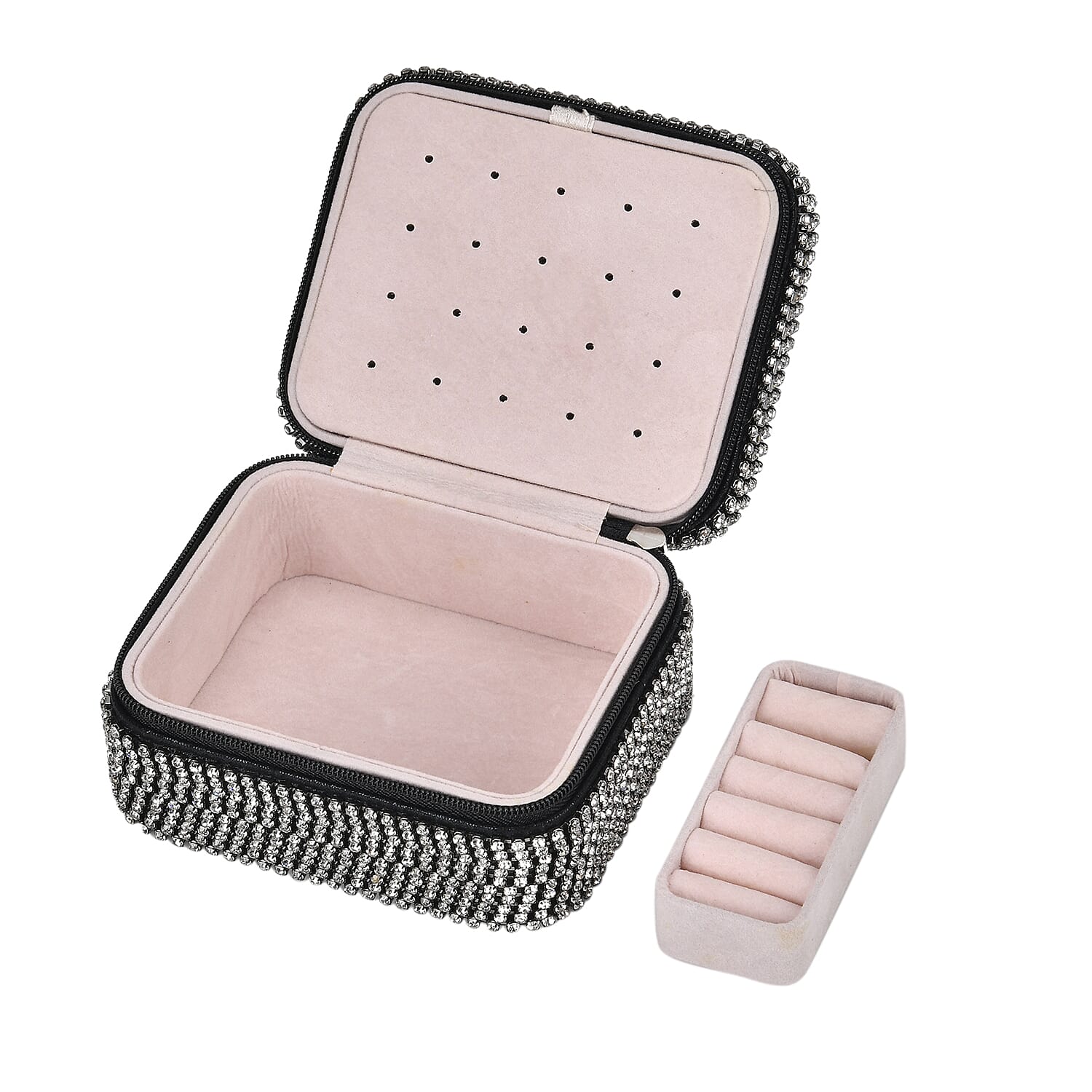 Sparkling Crystal Studded Sequin Patterned Velvet Jewellery Box (Size 12x10x6 cm) - Black & Silver