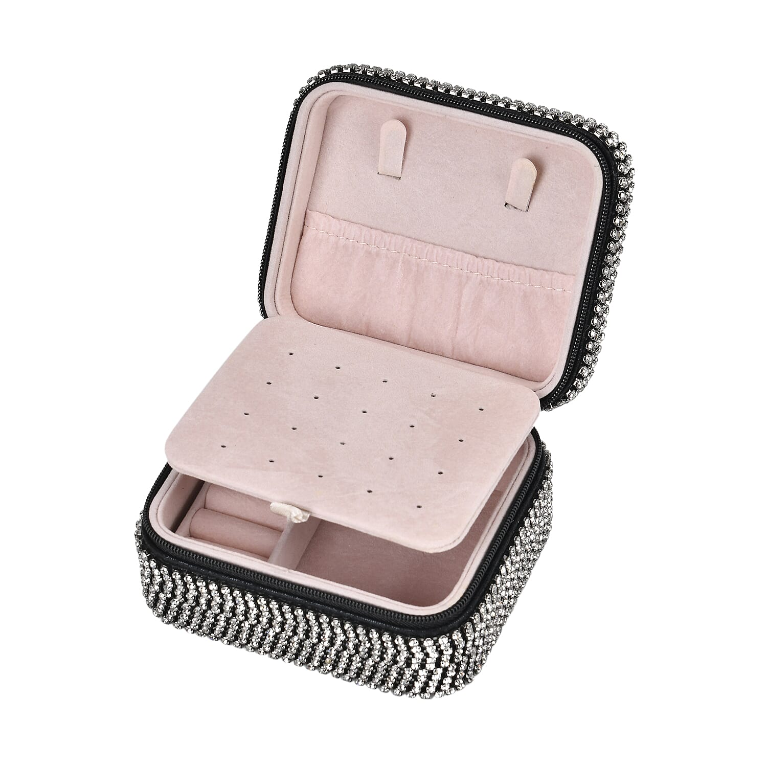 Sparkling Crystal Studded Sequin Patterned Velvet Jewellery Box (Size 12x10x6 cm) - Black & Silver