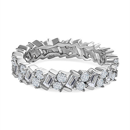 Designer Inspired - Moissanite Firecracker Band Ring in Platinum Overlay Sterling Silver
