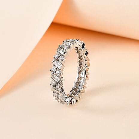 Designer Inspired - Moissanite Firecracker Band Ring in Platinum Overlay Sterling Silver