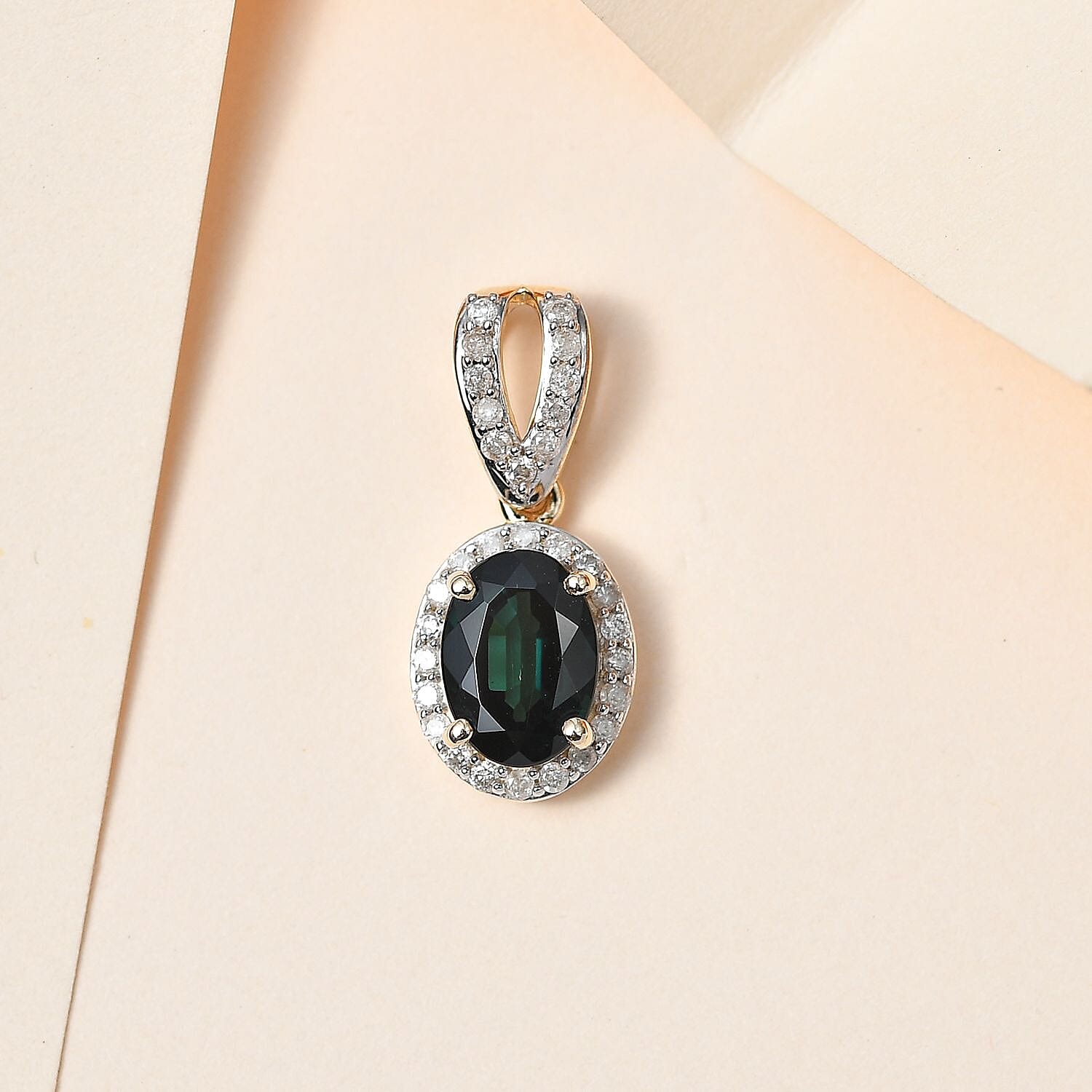 9K Yellow Gold Indicolite & Diamond Halo Pendant 1.71 Ct.