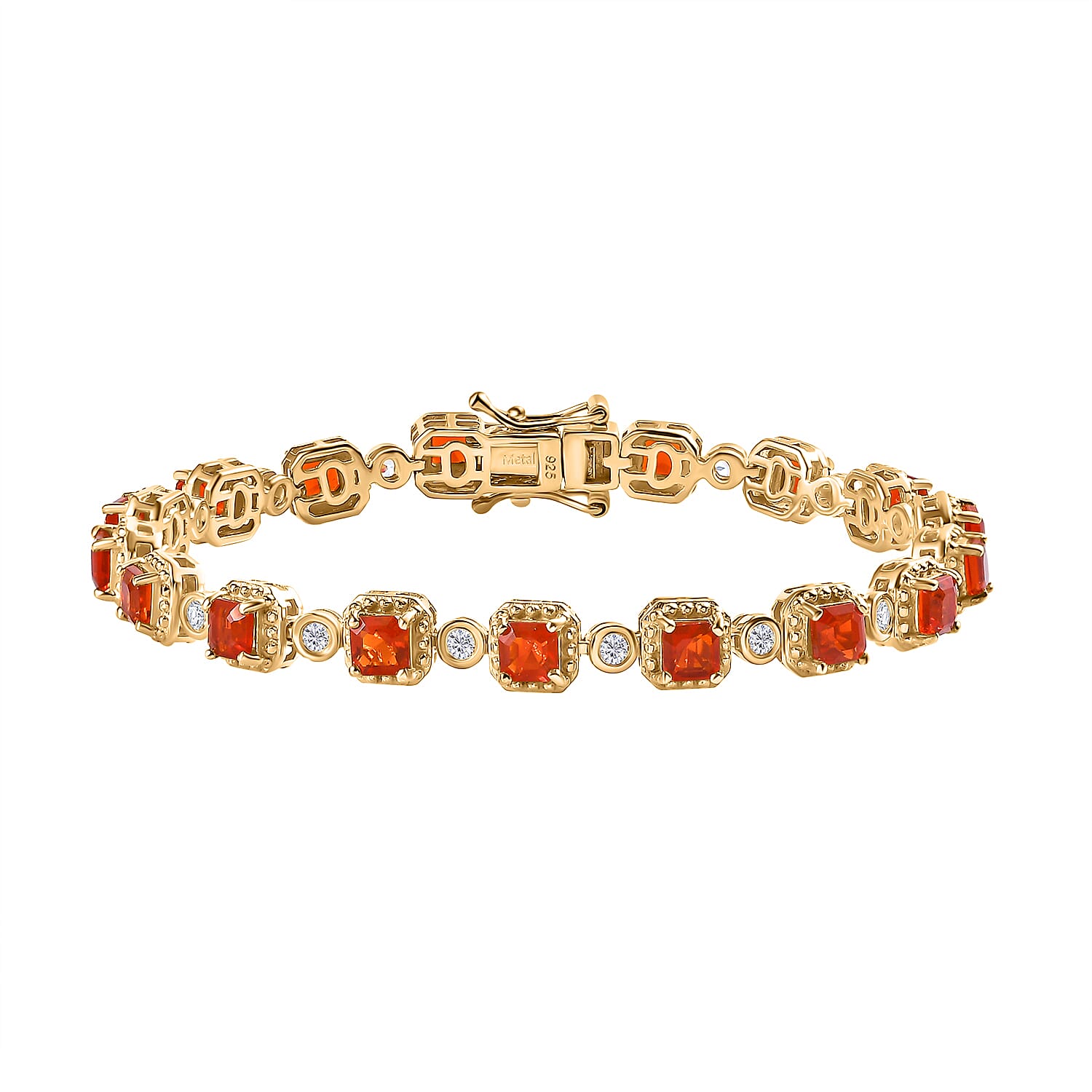 D'Joy Asscher Cut Salamanca Fire Opal & Natural Zircon Tennis Bracelet (Size 7) with GB Lock Box in 18K Vermeil Yellow Gold Plated Sterling Silver 5.07 Ct, Silver Wt. 13.78 Gms.