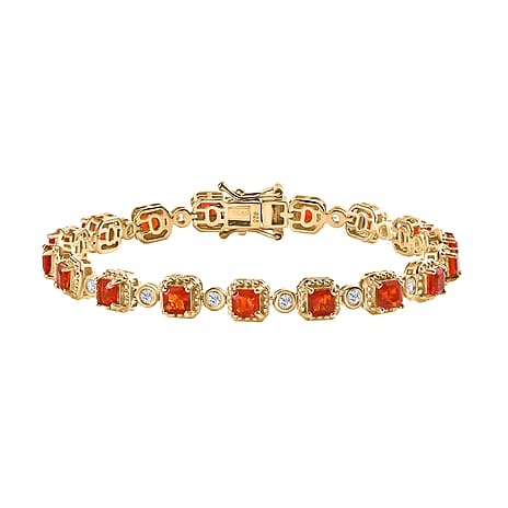 D'Joy Asscher Cut Salamanca Fire Opal & Natural Zircon Tennis Bracelet (Size 7) with GB Lock Box in 18K Vermeil Yellow Gold Plated Sterling Silver 5.07 Ct, Silver Wt. 13.78 Gms.