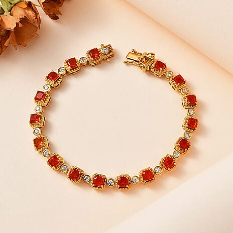 D'Joy Asscher Cut Salamanca Fire Opal & Natural Zircon Tennis Bracelet (Size 7) with GB Lock Box in 18K Vermeil Yellow Gold Plated Sterling Silver 5.07 Ct, Silver Wt. 13.78 Gms.