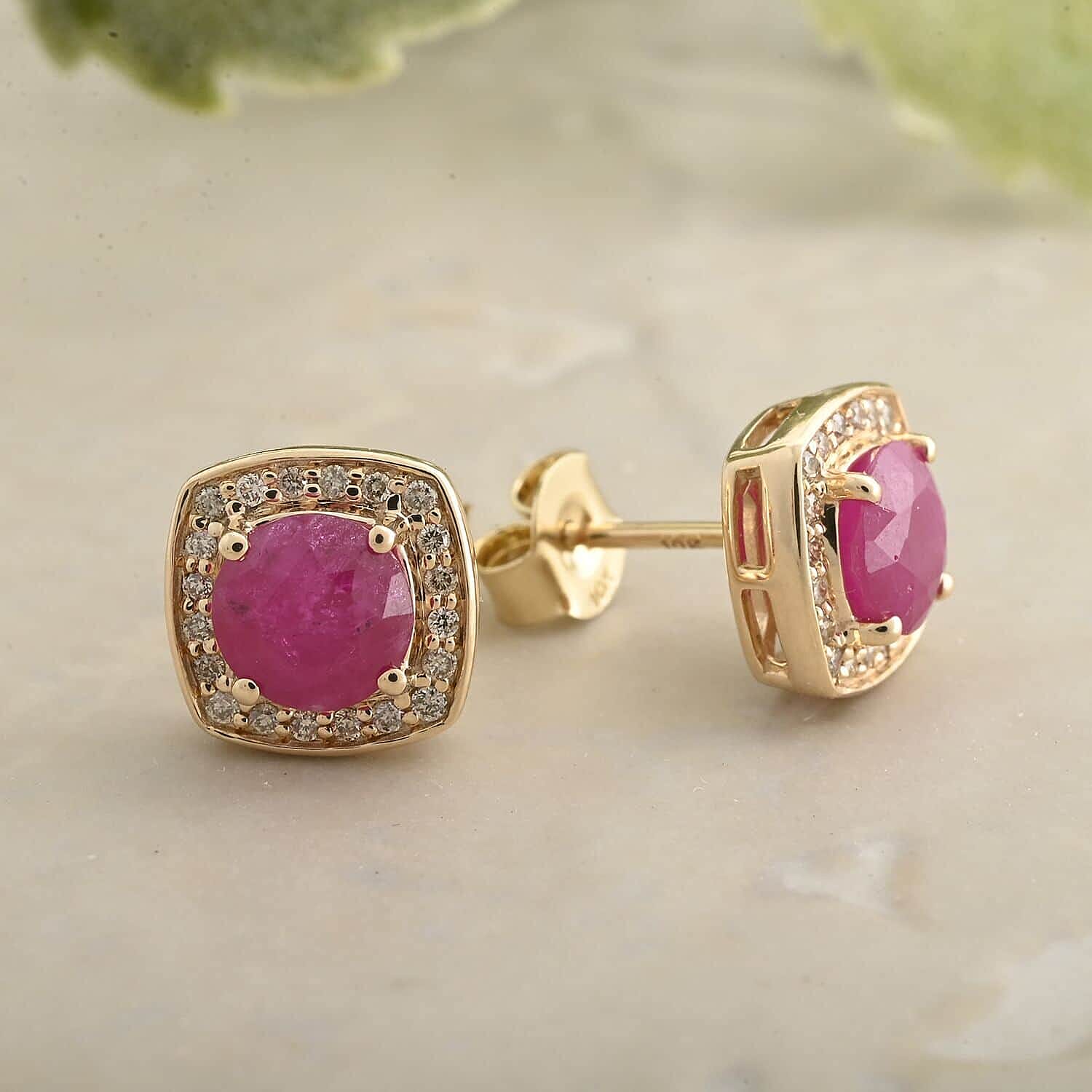 10K Yellow Gold  AAA   Mozambique Ruby ,  White Diamond  I2 Earring 2.15 ct,  Gold Wt. 2.83 Gms  2.150  Ct.