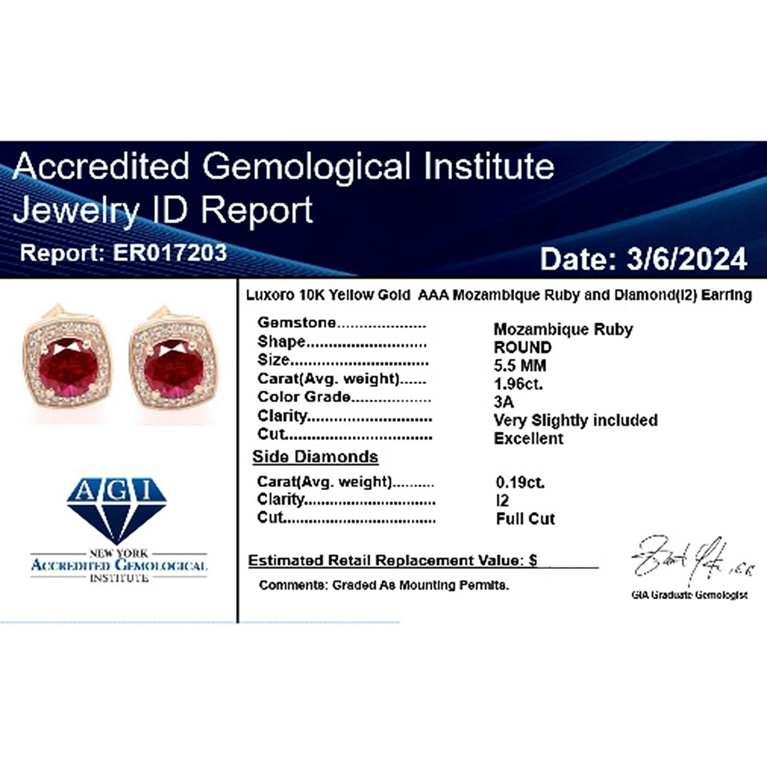 10K Yellow Gold  AAA   Mozambique Ruby ,  White Diamond  I2 Earring 2.15 ct,  Gold Wt. 2.83 Gms  2.150  Ct.