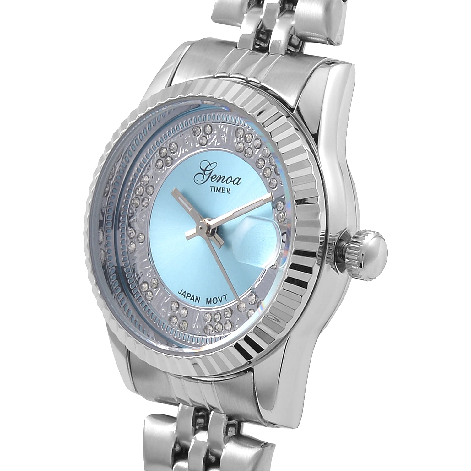 Designer Inspired- GENOA TIME V2 Japan Movt. Blue Sunshine Literal Crystal Studded Dial 3 ATM WR Watch with Stainless Steel Chain Strap