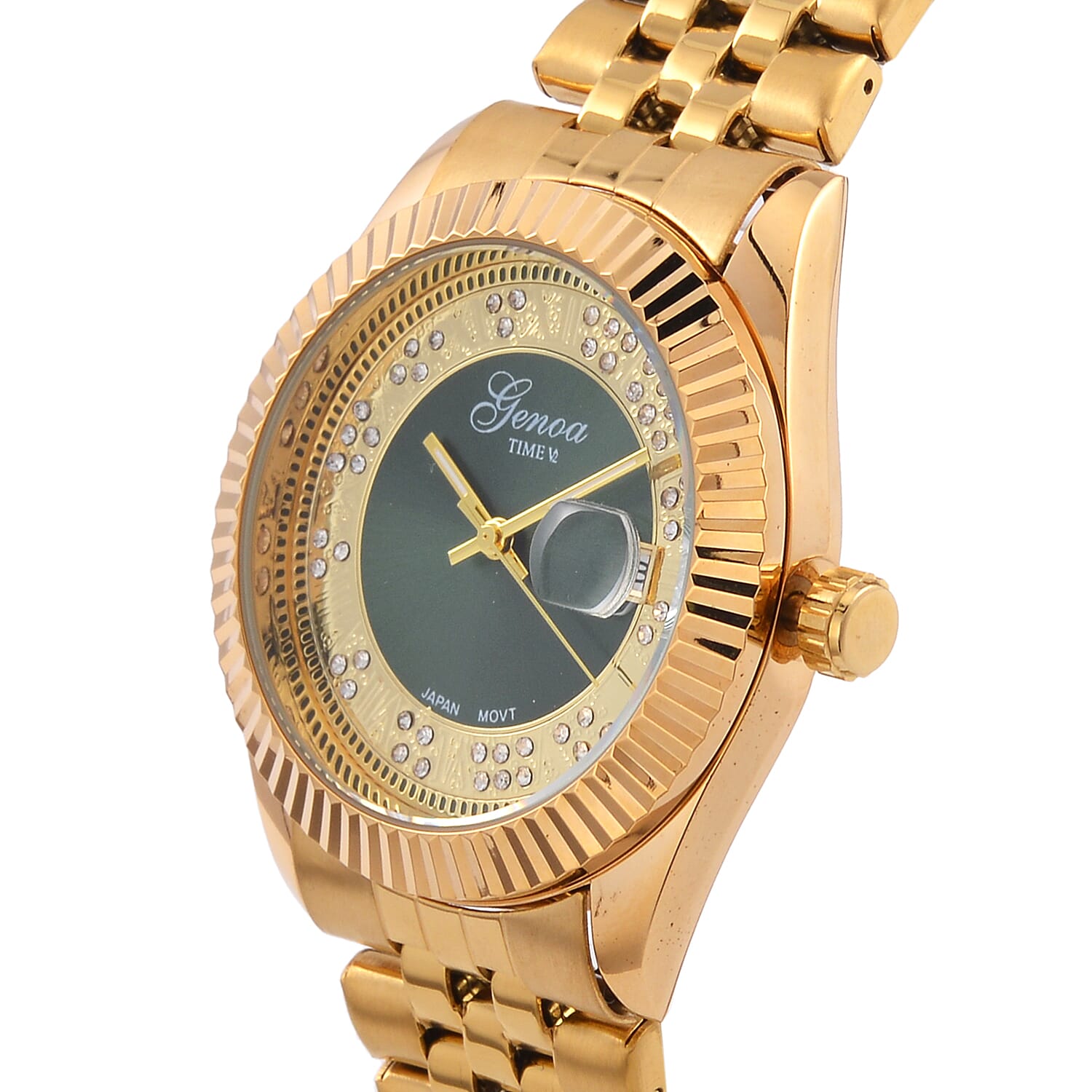 Designer Inspired - Limited Edition GENOA TIME V2 Japan Movt. Green Sunshine Literal Crystal Studded Dial 3 ATM WR Watch with Yellow Gold Stainless Steel Chain Strap