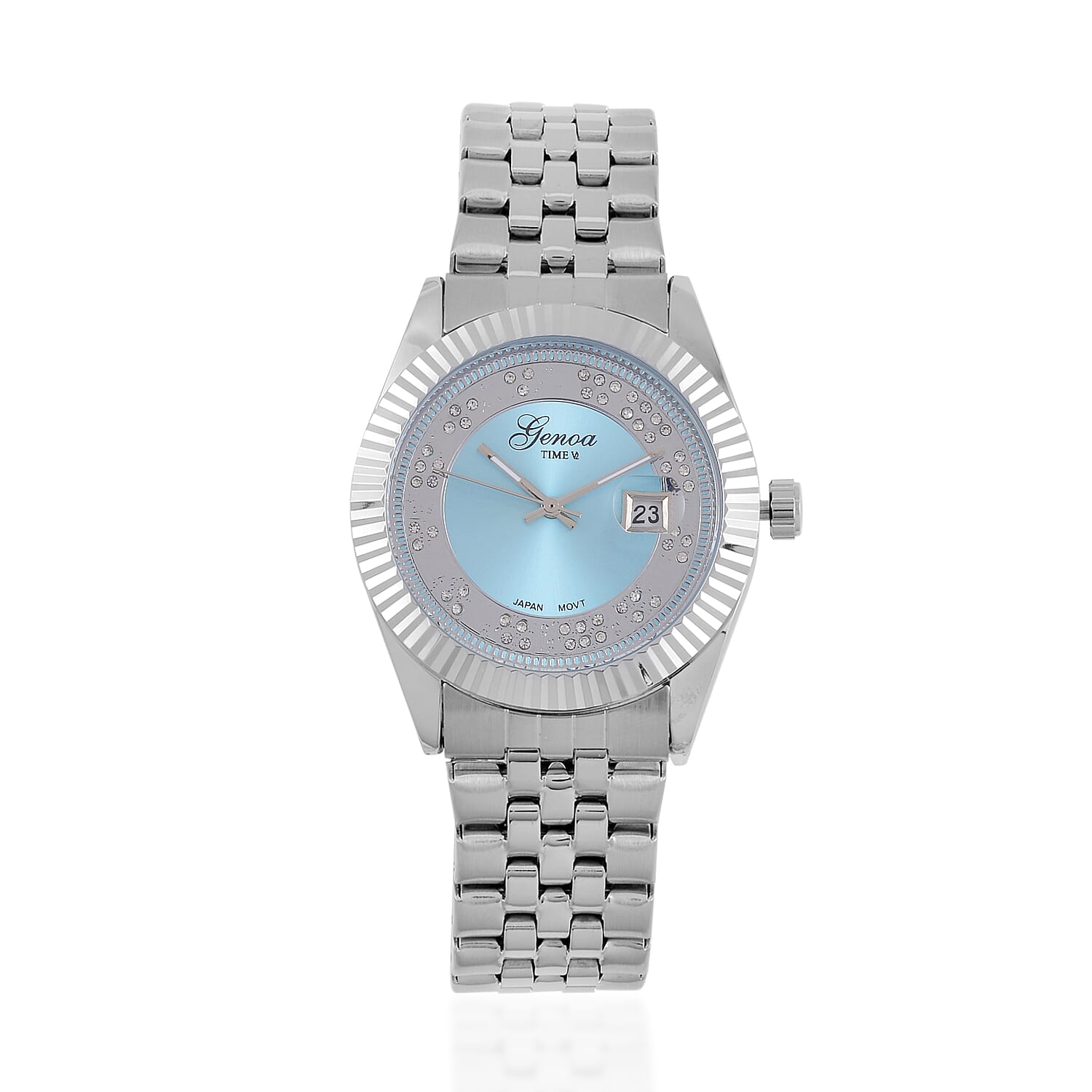 GENOA TIME V2 Japan Movt. Blue Sunshine Literal Crystal Studded Dial 3 ATM WR Watch with Stainless Steel Chain Strap