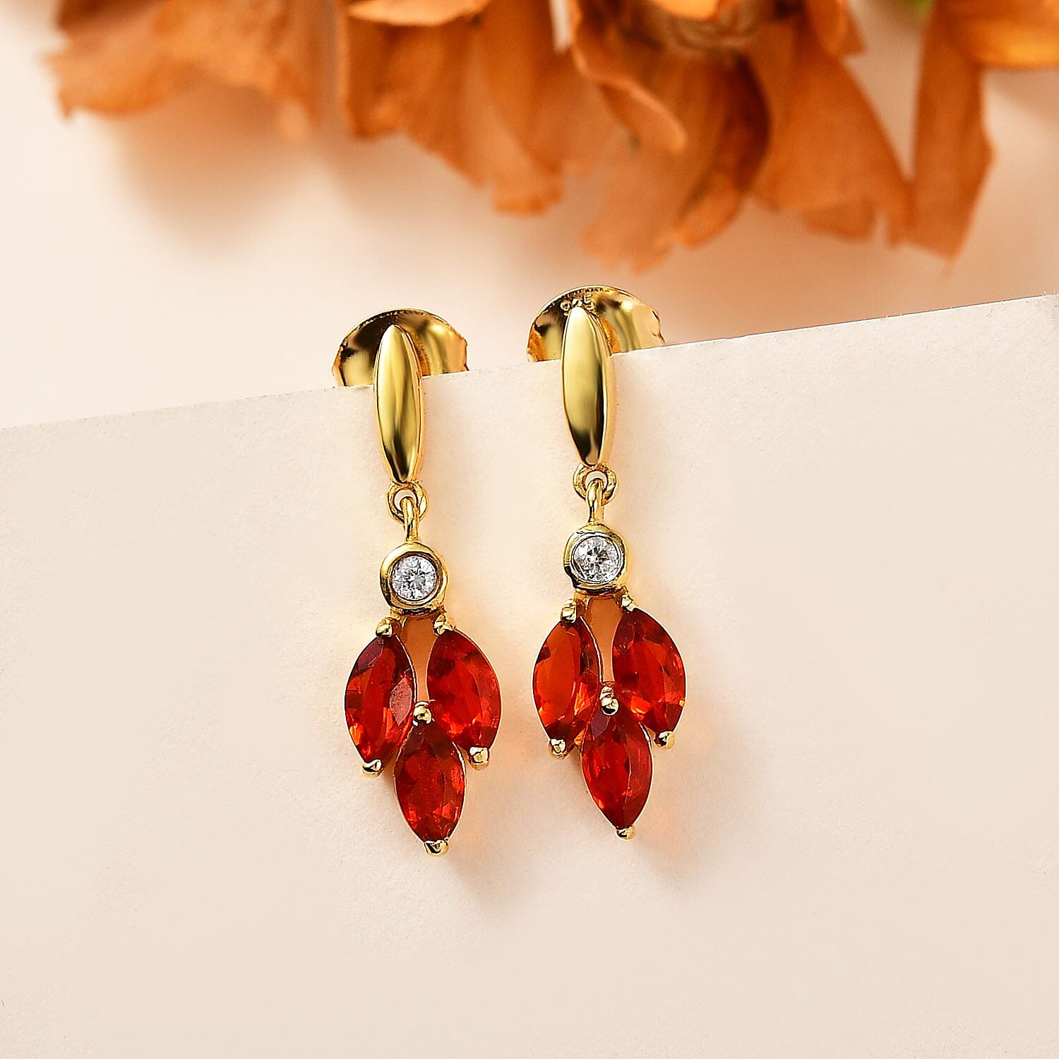 Salamanca Fire Opal & Natural Zircon Earrings in 18K Gold Vermeil Sterling Silver 1.10 Ct.