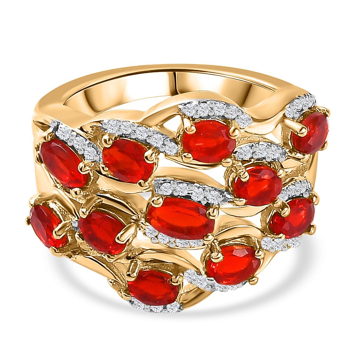 Salamanca Fire Opal & Natural Zircon Wave Ring in 18K Gold Vermeil Sterling Silver 1.85 Ct