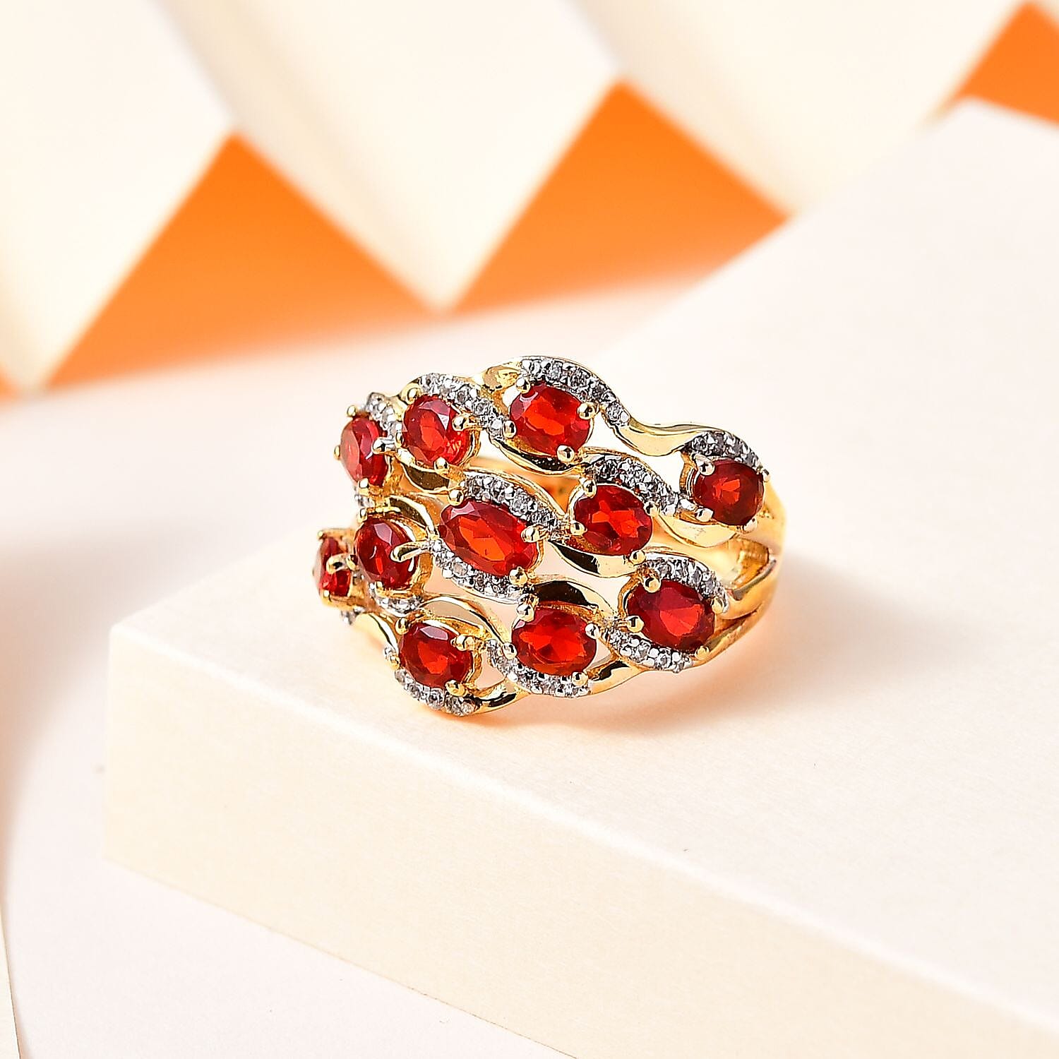 Salamanca Fire Opal & Natural Zircon Wave Ring in 18K Gold Vermeil Sterling Silver 1.85 Ct