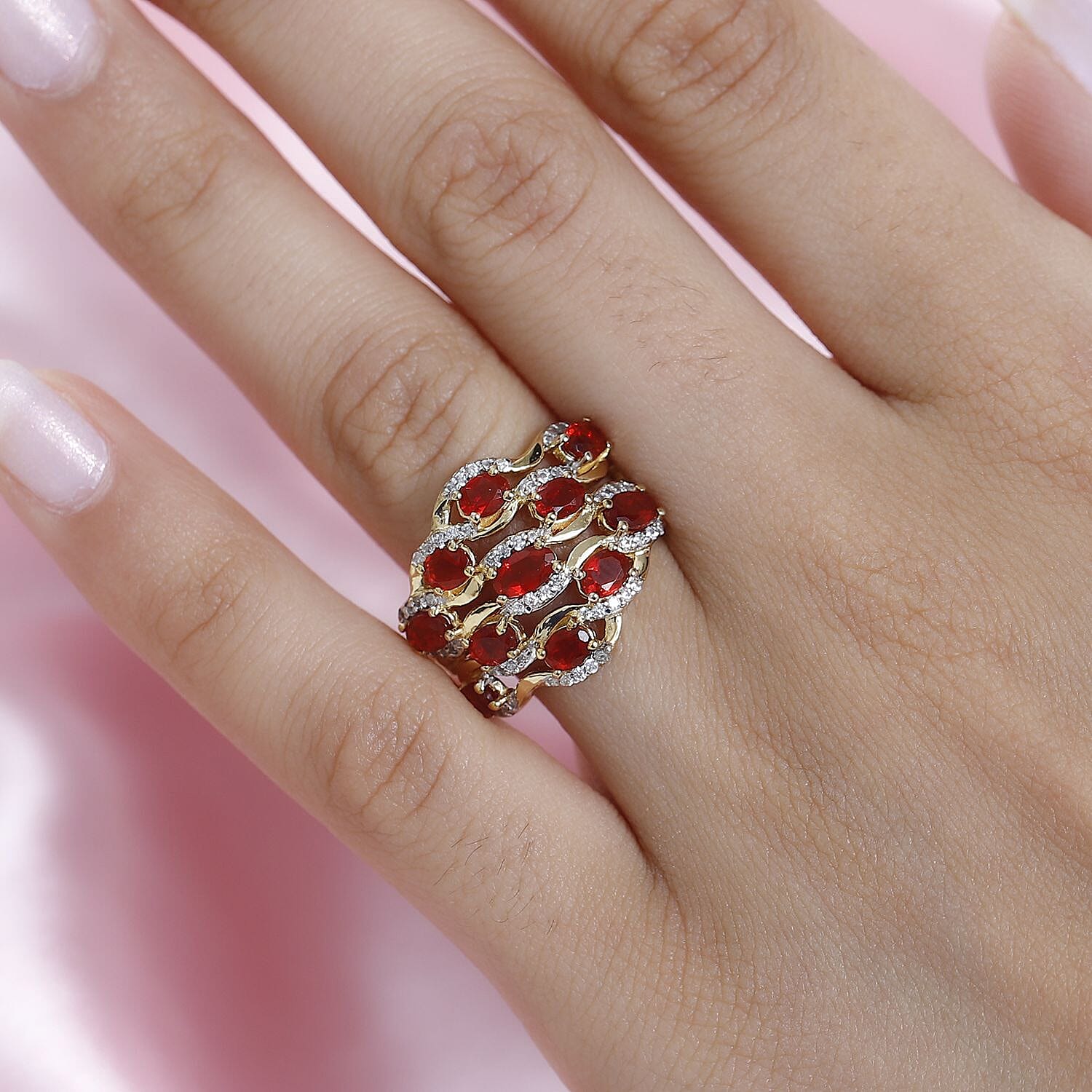 Salamanca Fire Opal & Natural Zircon Wave Ring in 18K Gold Vermeil Sterling Silver 1.85 Ct