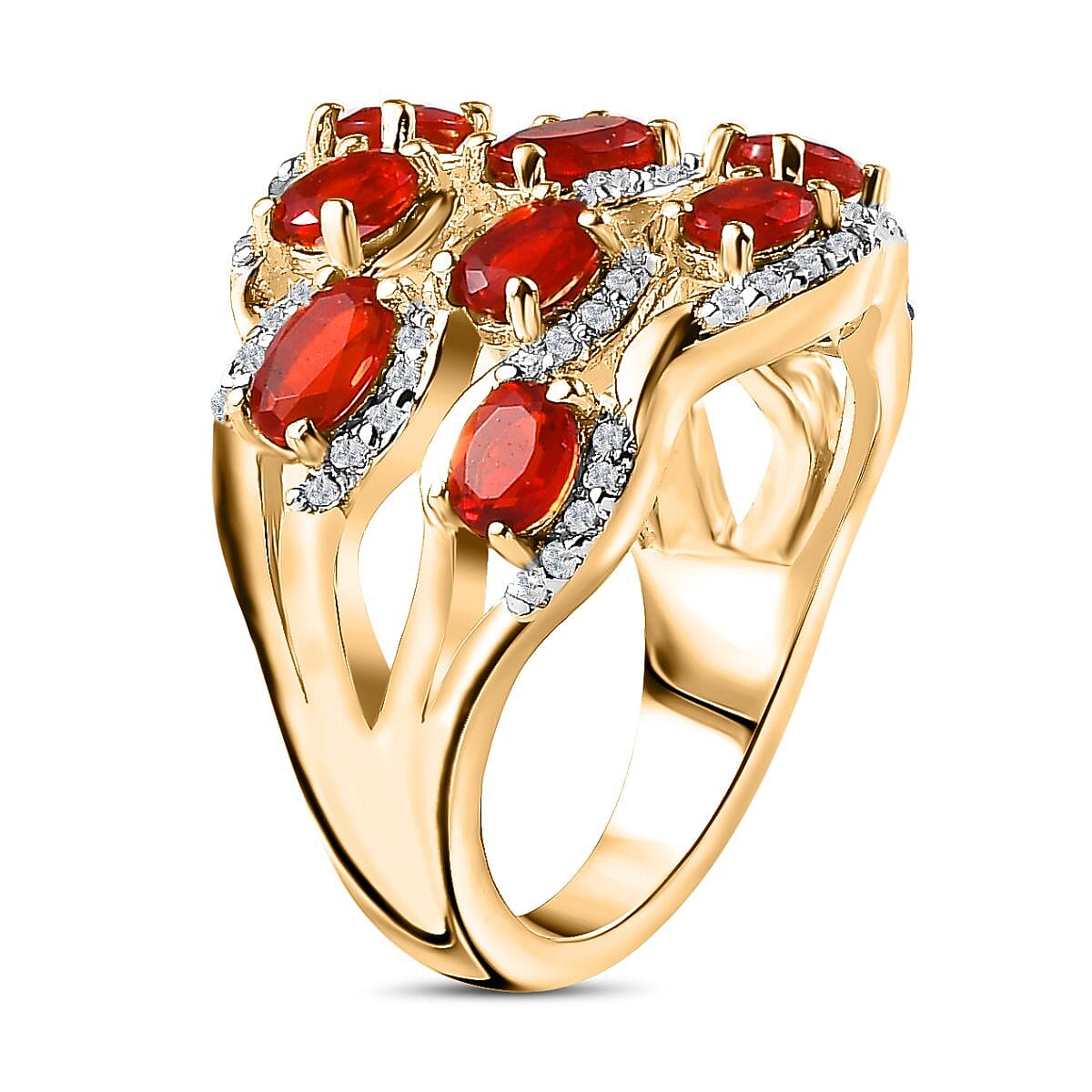 Salamanca Fire Opal & Natural Zircon Wave Ring in 18K Gold Vermeil Sterling Silver 1.85 Ct