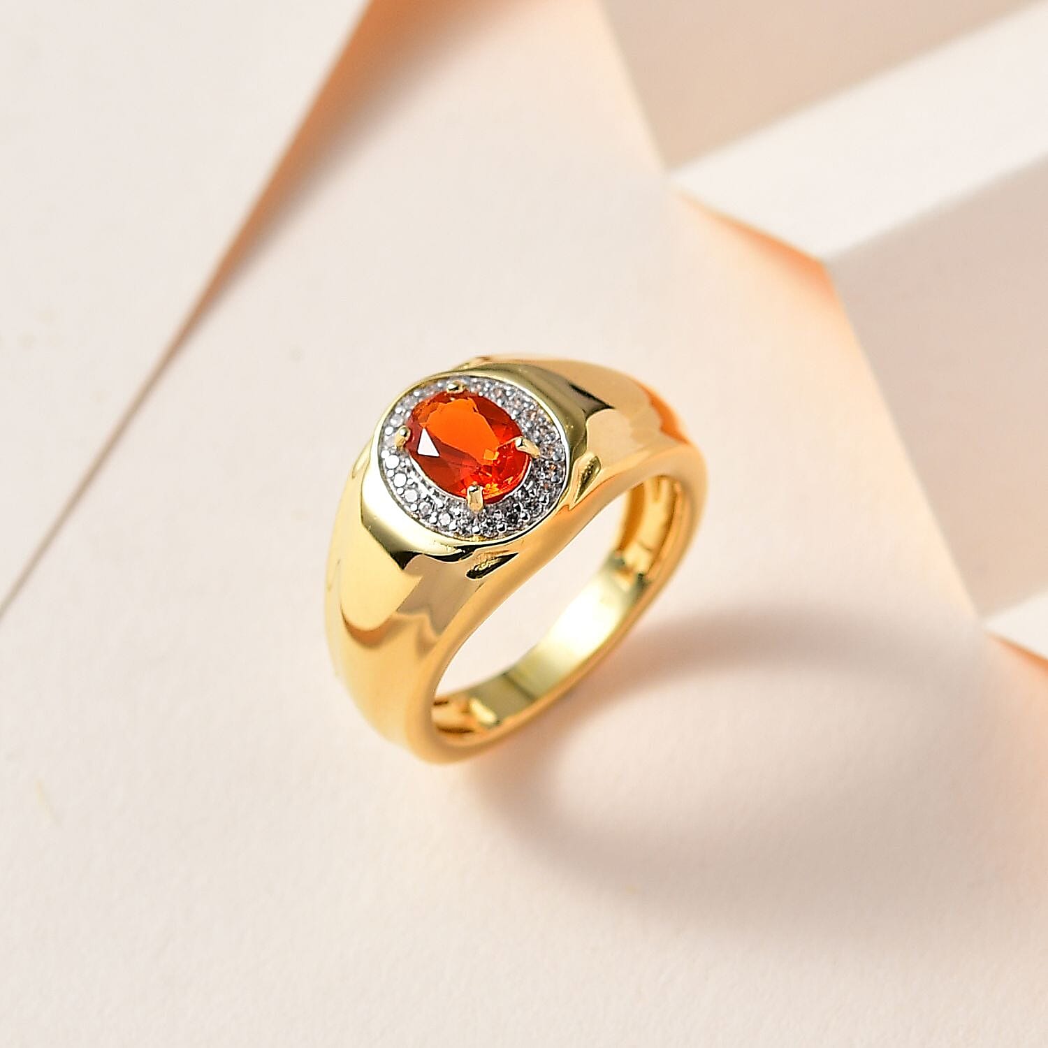Salamanca Fire Opal & Natural Zircon Signet Ring in 18K Gold Vermeil Sterling Silver