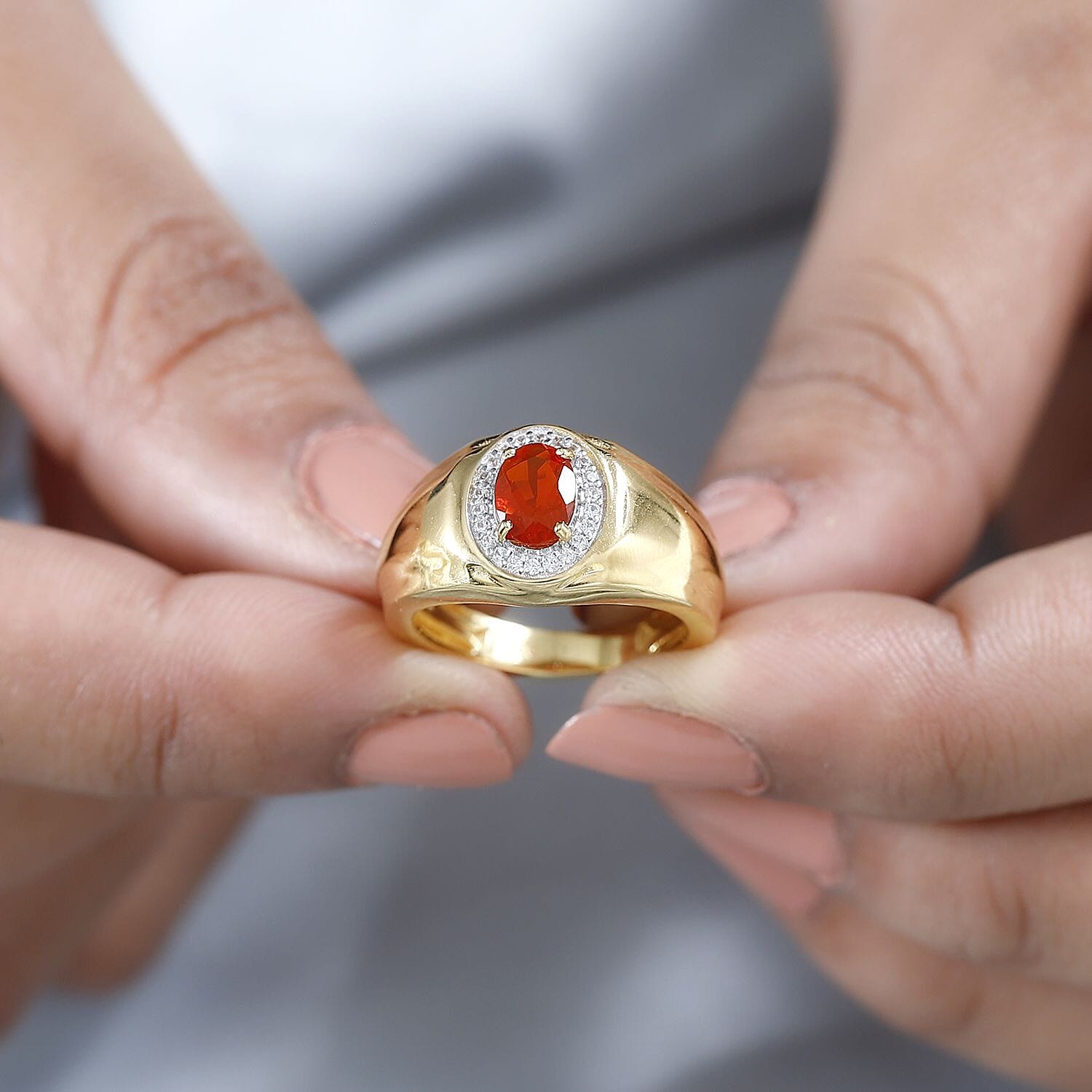 Salamanca Fire Opal & Natural Zircon Signet Ring in 18K Gold Vermeil Sterling Silver