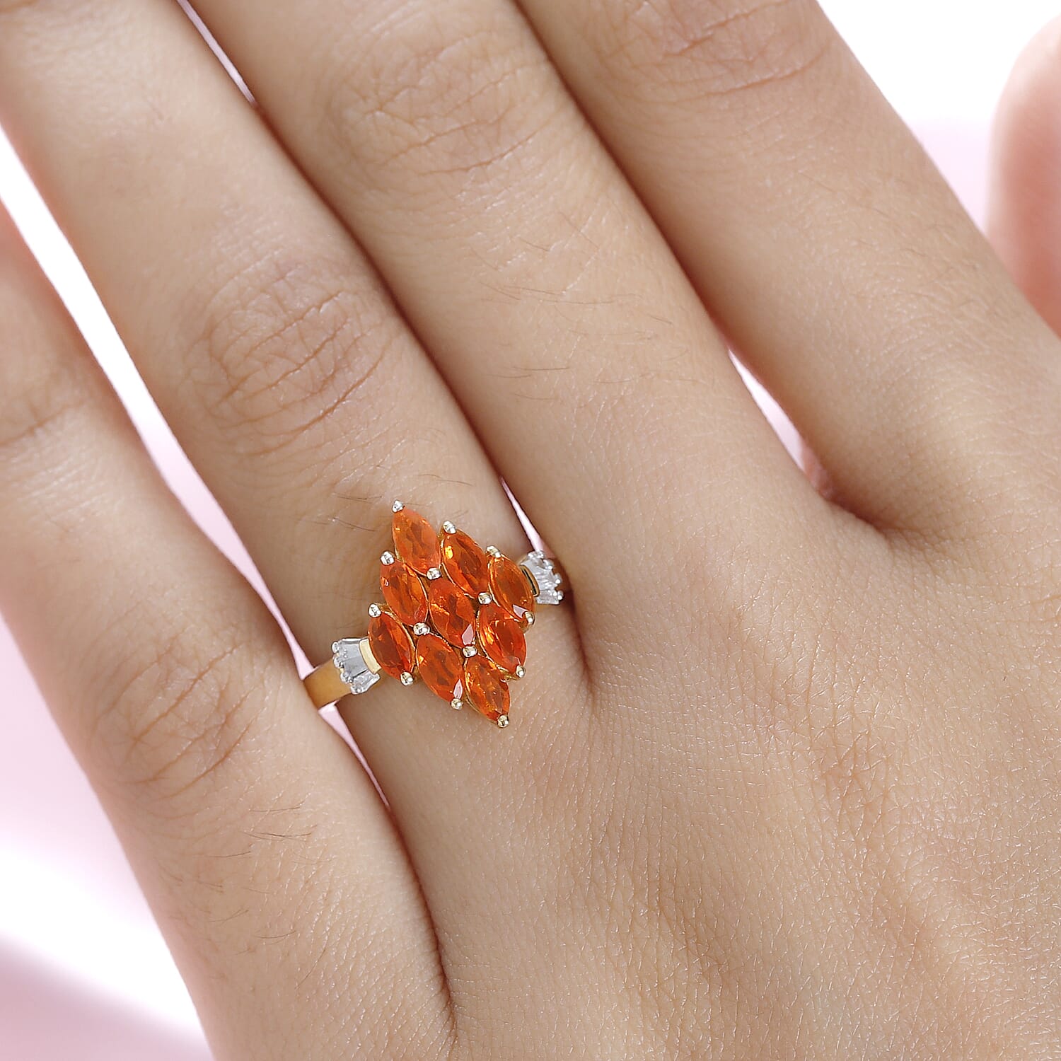 Fire Opal & Diamond Cluster Ring in 18K Yellow Gold Vermeil Plated Sterling Silver