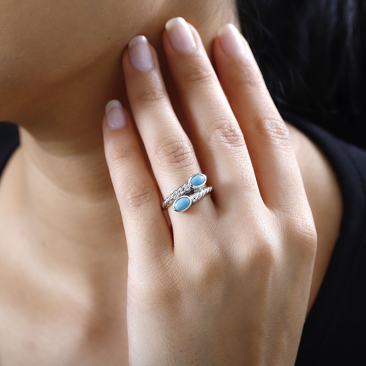 Arizona Sleeping Beauty Turquoise Bypass Ring in Platinum Overlay Sterling Silver