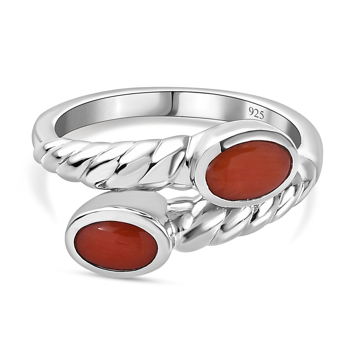 Coral Bypass Ring in Platinum Overlay Sterling Silver