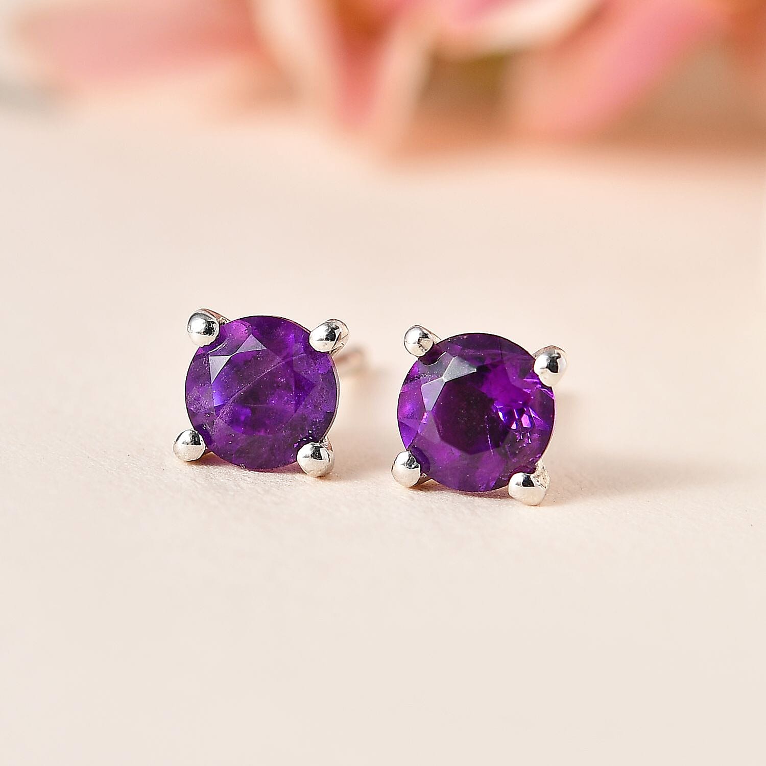 Amethyst Solitaire Stud Earrings in Platinum Overlay Sterling Silver
