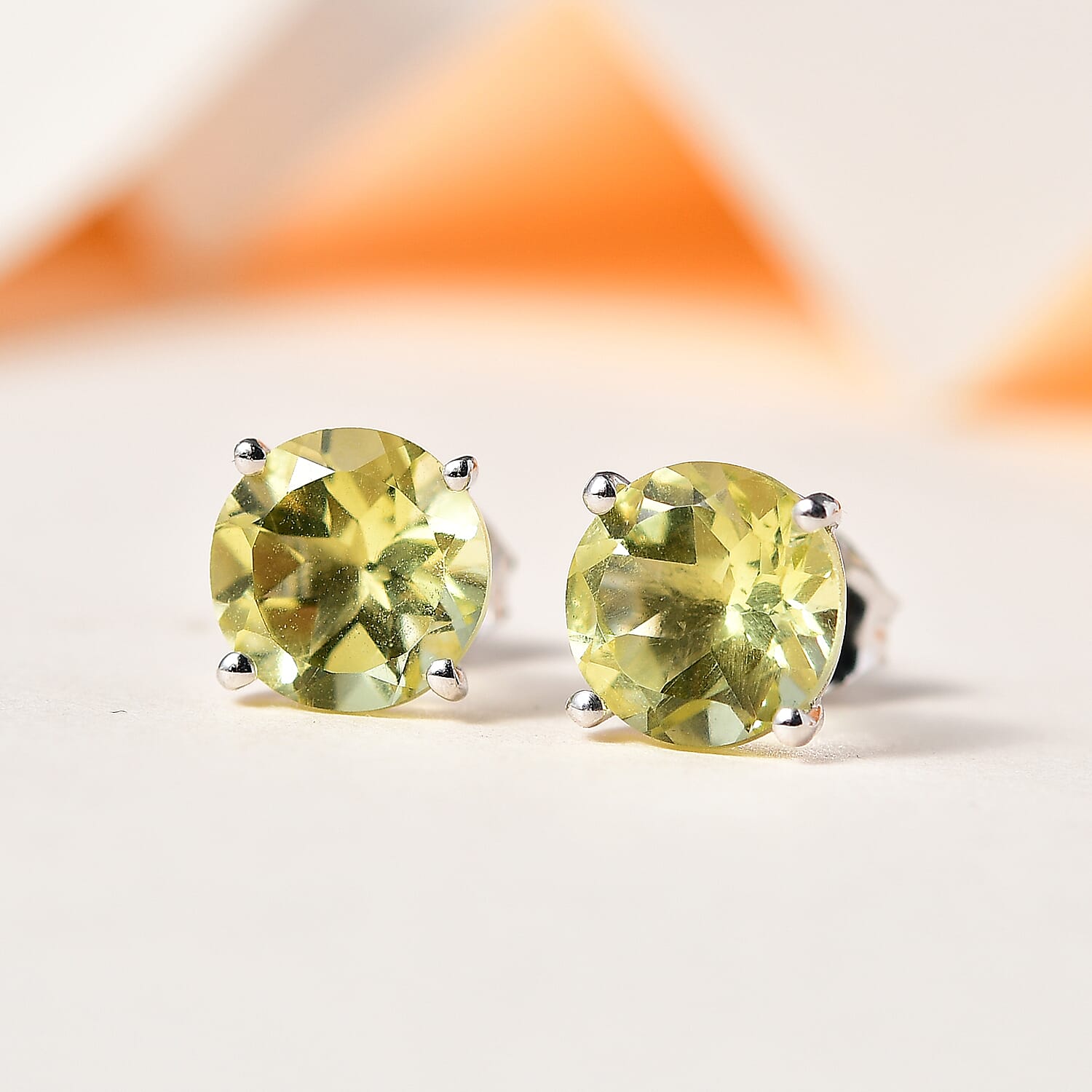 One Time Closeout - Green Gold Quartz Solitaire Earrings in Platinum Overlay Sterling Silver 3.60 Ct.