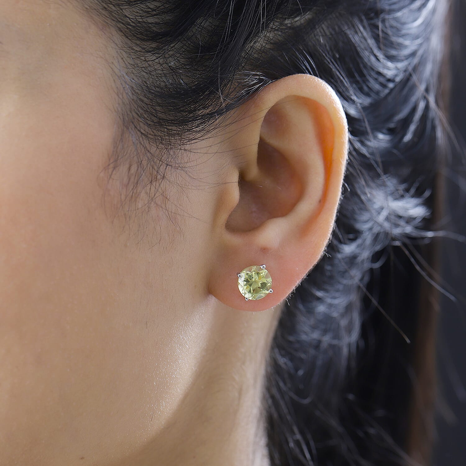 One Time Closeout - Green Gold Quartz Solitaire Earrings in Platinum Overlay Sterling Silver 3.60 Ct.