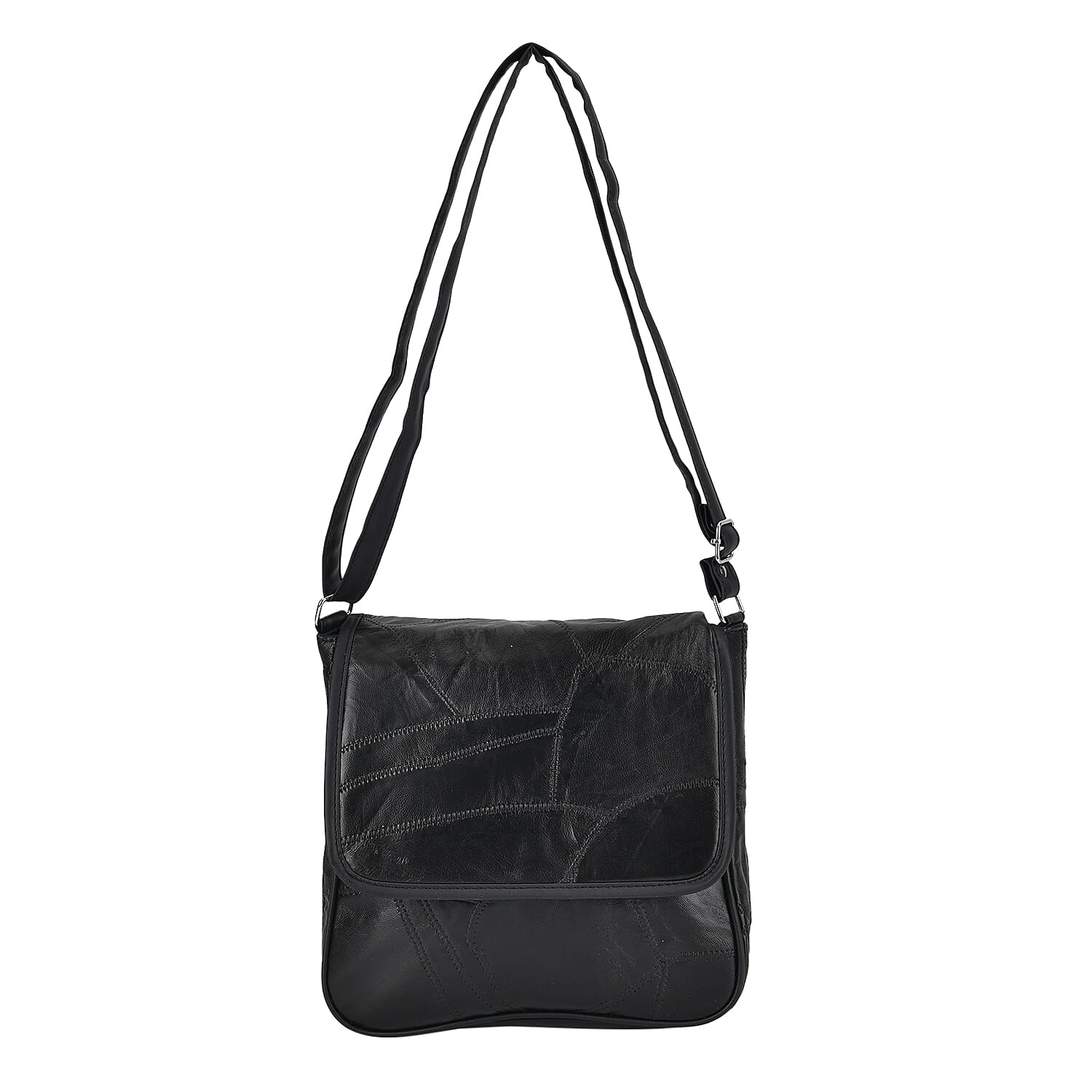 100% Patchwork Leather Solid Crossbody Bag - Black