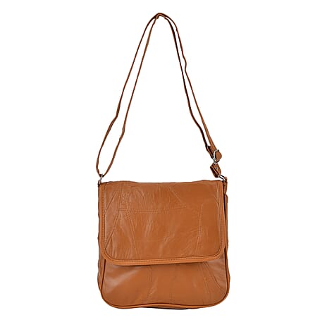 100% Patchwork Leather Solid Crossbody Bag - Tan