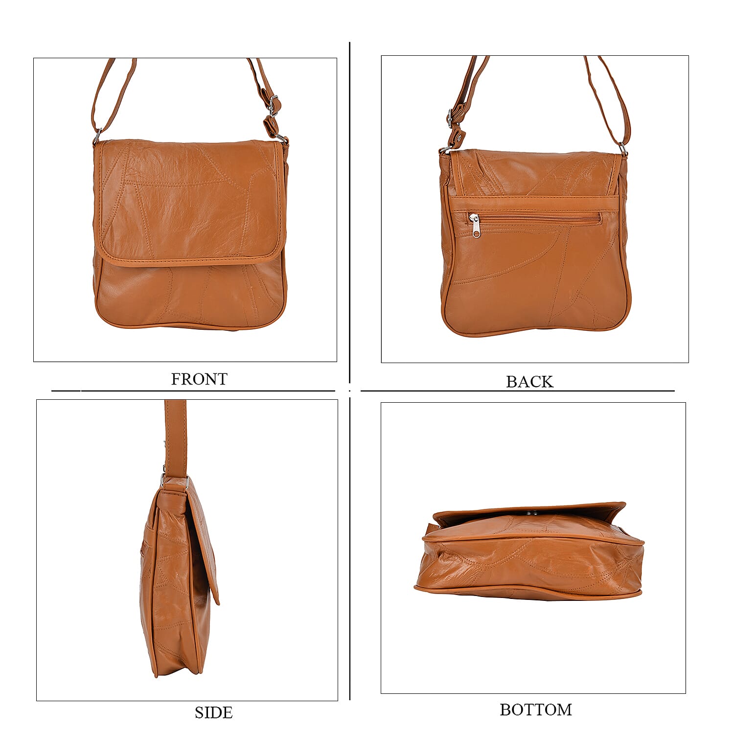 100% Patchwork Leather Solid Crossbody Bag - Tan