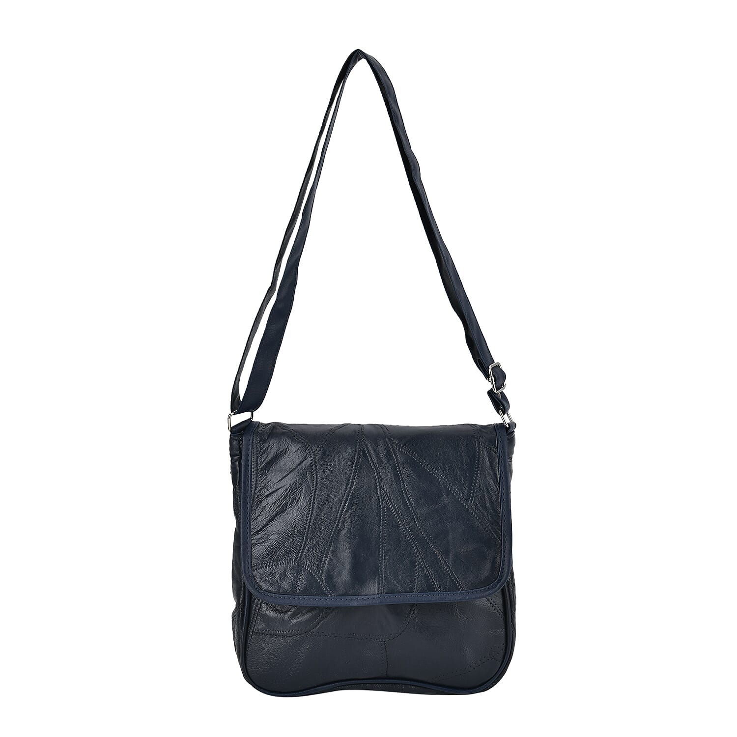 100% Patchwork Leather Solid Crossbody Bag - Blue