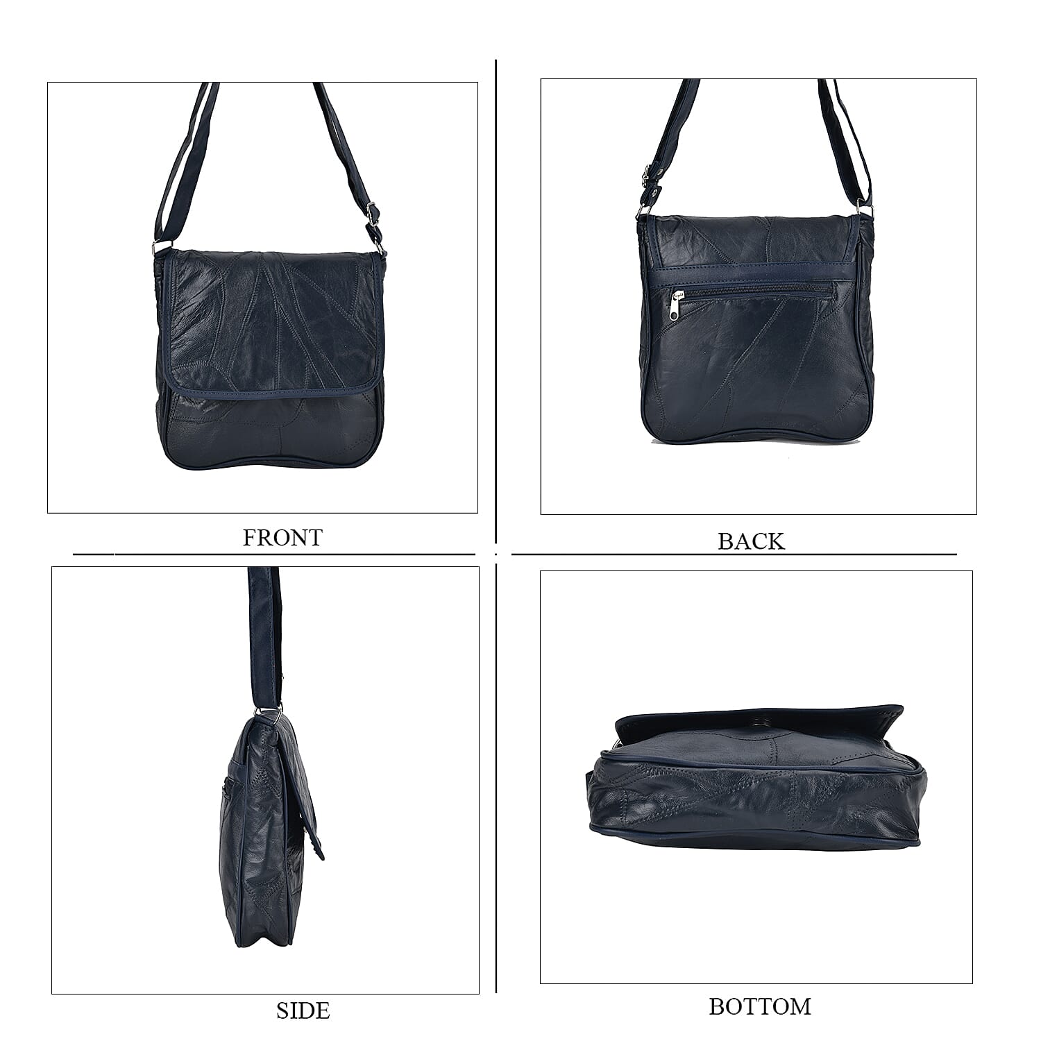 100% Patchwork Leather Solid Crossbody Bag - Blue