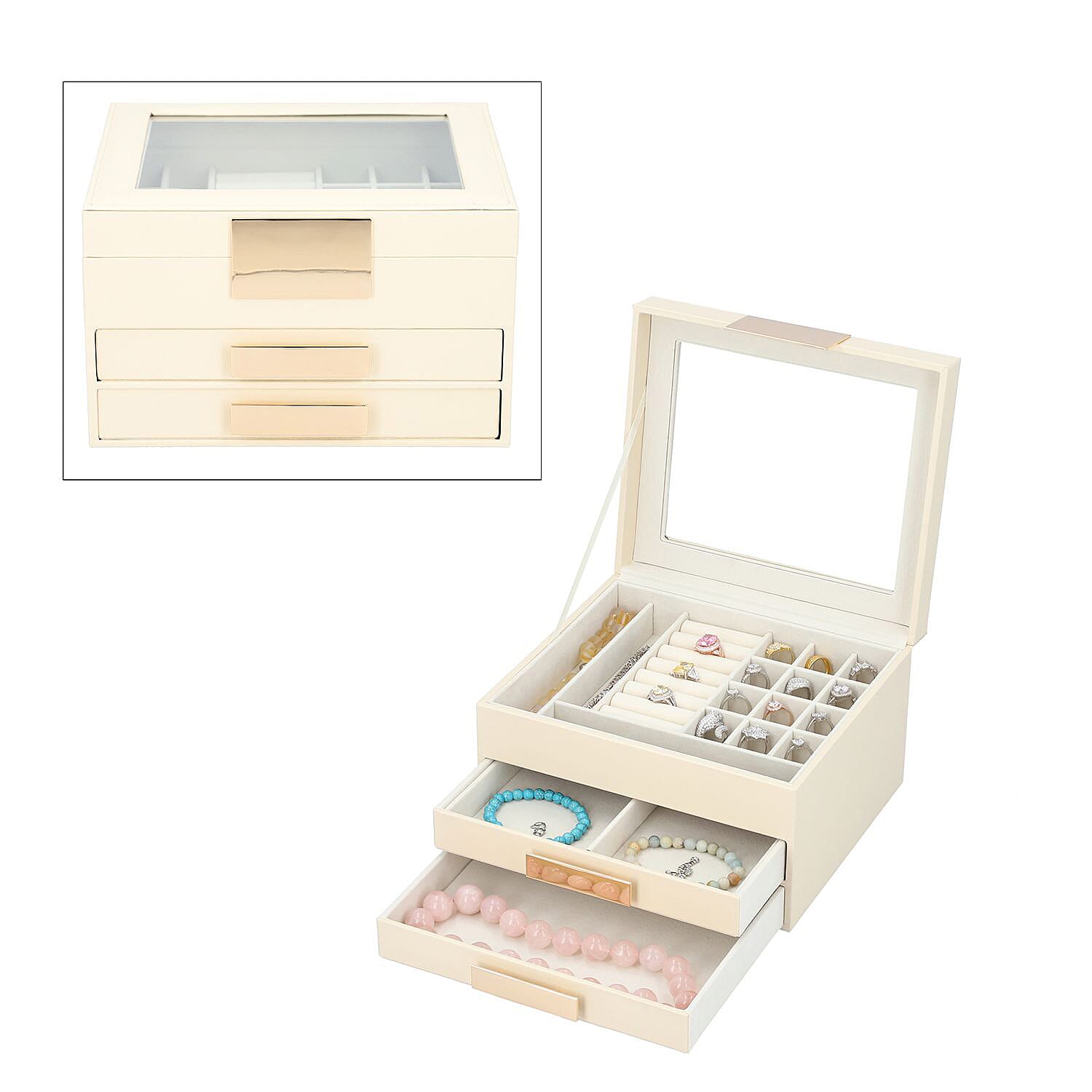 Three Layer Anti-Tarnish Jewellery Box with Transparent Glass Window at Top in Beige