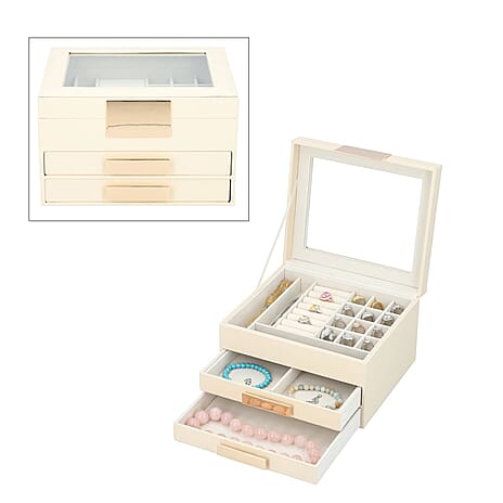 Three Layer Anti-Tarnish Jewellery Box with Transparent Glass Window at Top in Beige