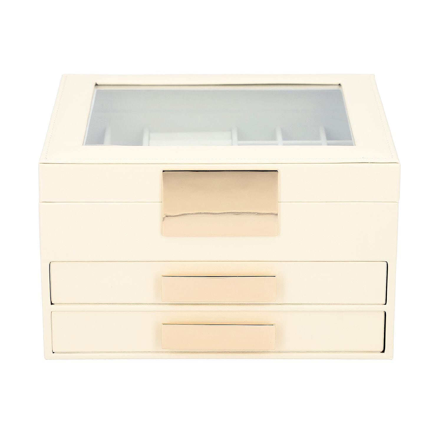 Three Layer Anti-Tarnish Jewellery Box with Transparent Glass Window at Top in Beige