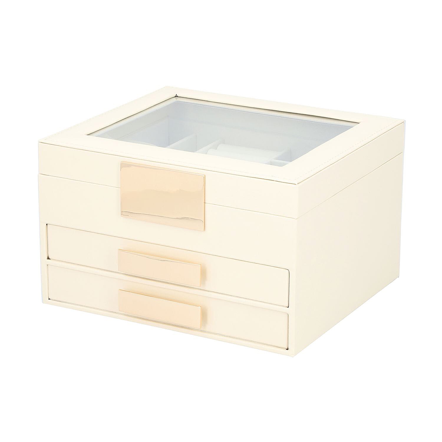 Three Layer Anti-Tarnish Jewellery Box with Transparent Glass Window at Top in Beige